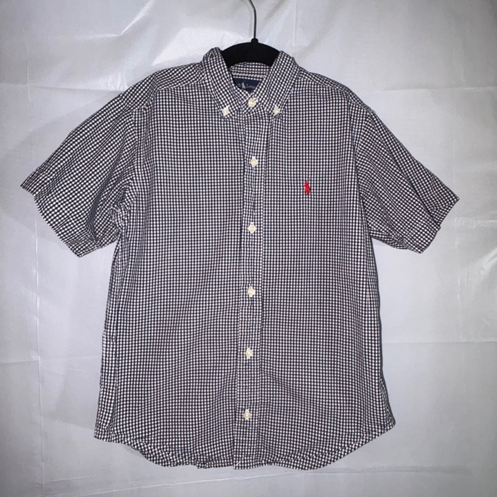 Ralph Lauren Girls Navy Blue Gingham Check Short Sleeve Button Down Shirt Size 7